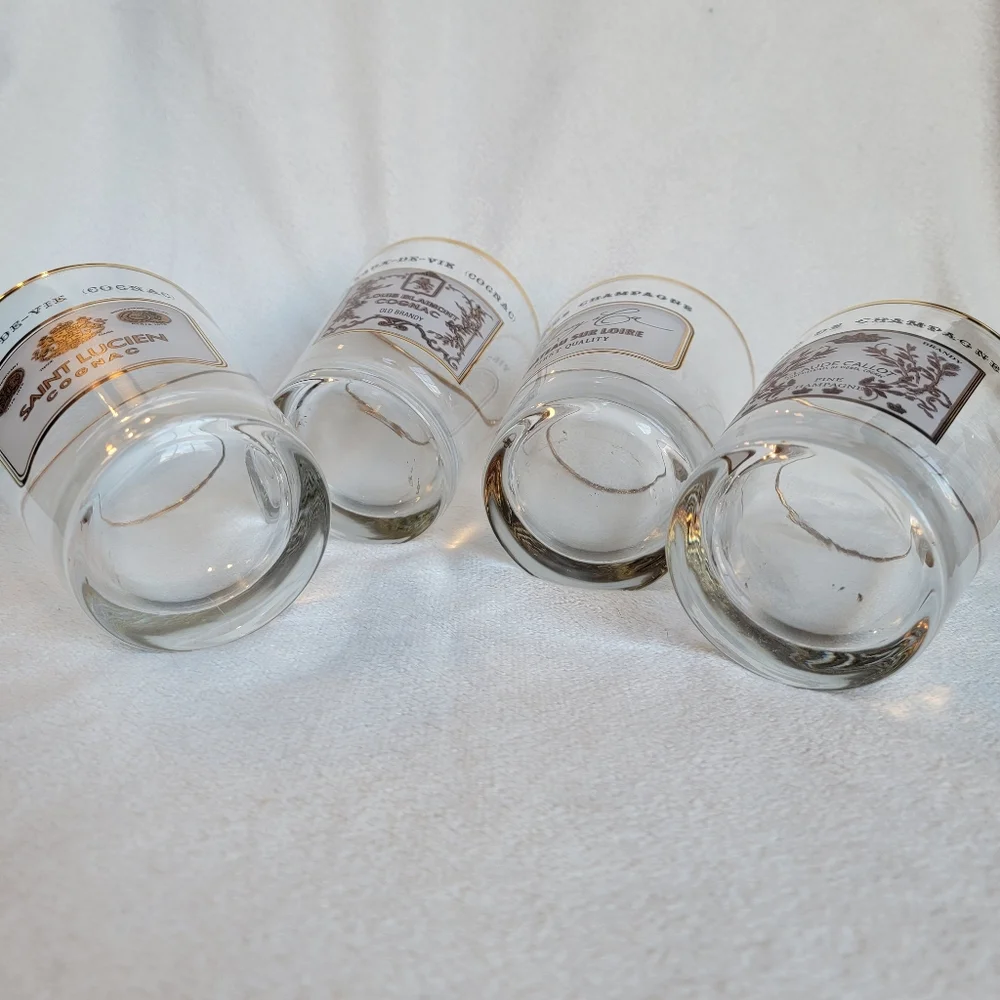 Williams Sonoma 4 Vintage Double Old Fashioned Glasses Gold Rim Cognac Champagne